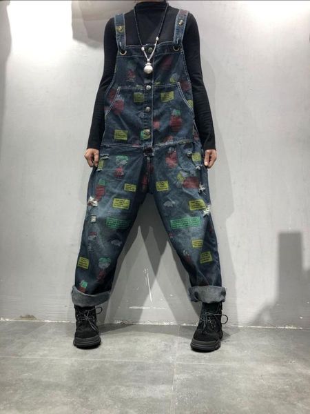 

march produced new style loose-fit women's large size korean-style cartoon pattern washing retro trousers cowboy suspender pants, Black
