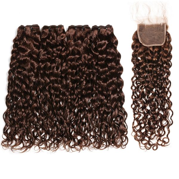 Шоколадно-коричневый индийский девы человеческие волосы влажные и волнистые 4 пучки с кружевом закрытие # 4 темно-коричневые человеческие волосы плетение с верхней закрытием 4x4