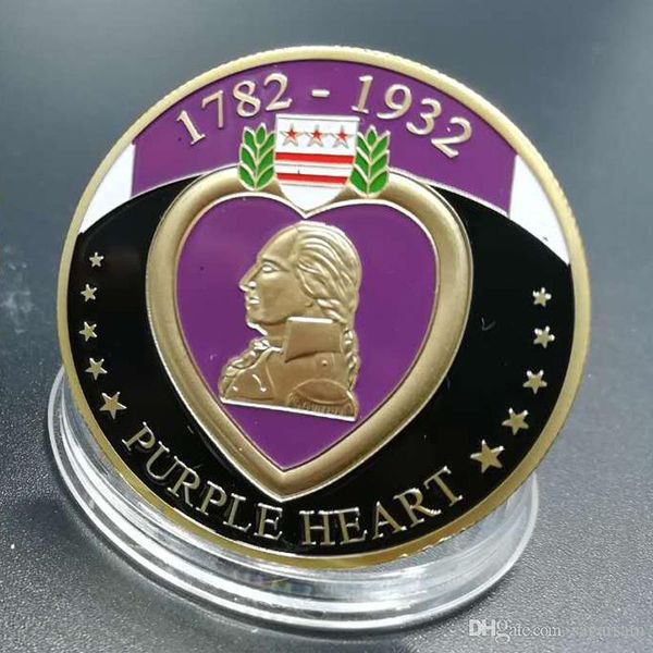 

100 pcs the purple heart badge 1782 - 1932 miltary merit gold plated 40 mm souvenir collectible home decoration coin