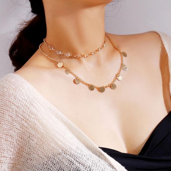 

retro simple versatile item crystal sequins multi-layer necklace clavicle chain, Golden;silver