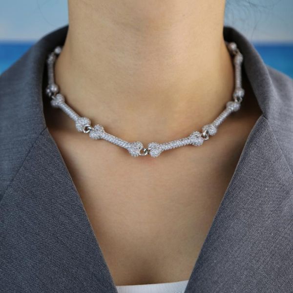 

summer new design hip hop bone pendant necklace with clear cz paved women men fashion gothic punk party choker jewelry wholesale, Silver
