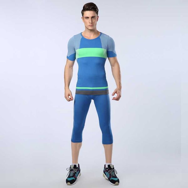 

men pro gym fitness compression sets quick dry capri legging + workout train exercise sport yoga pants+shirts run yoga 1415, White;black