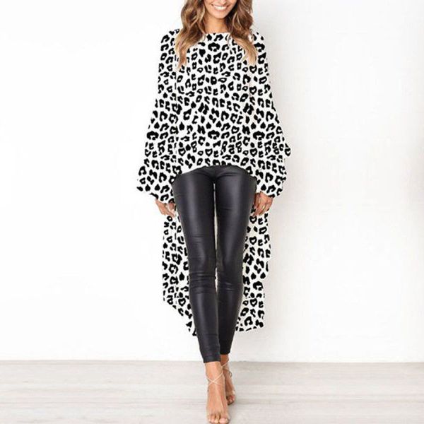 

женщины vogue long нерегулярного leopard печать блузка падения назад подол женские рубашки короткого передний длинный назад hem shirt блуза, White