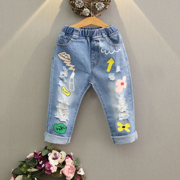 

baby girls denim pants lips wash blue tassels rags children fashion pant kids new spring autumn long trousers cowboy pants z11