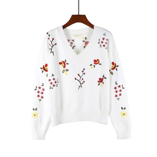 

olome 2019 winter new womenkorean version of the retro long sleeve loose v-neck knitting embroidery sets of bottoming sweater, White;black