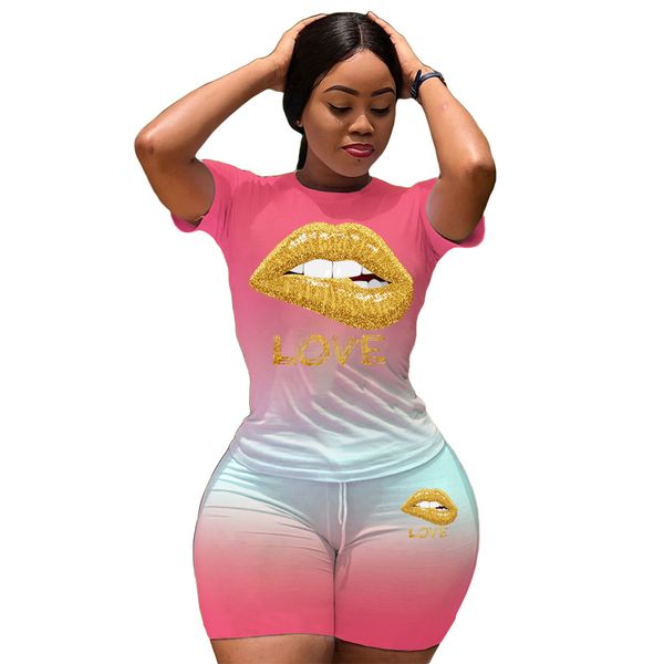 

new fashion women gradient lips love tracksuit 2 piece set woman sports suits shorts + shorts pants outfit 2020, Gray