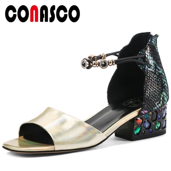 

conasco summer women sandals pumps genuine leather high heels fashion crystal decoration casual wedding ankle strap shoes woman, Black