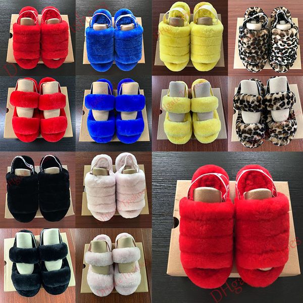 

new women mens sandal oh fluff yeah slide fur sandale luxury designer platform wedges heels sandals furry slippers slipper slides flip flops, Black