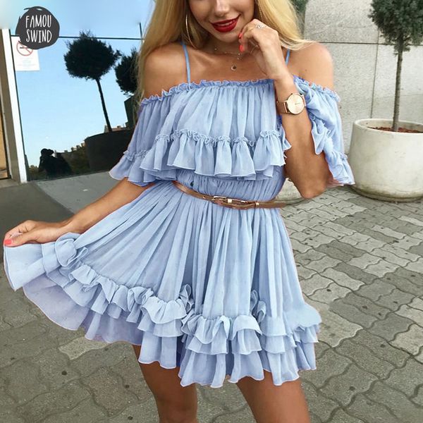 

ruffle pleated chiffon summer dress women elegant off shoulder short dresses ladies beach above knee mini loose mini dress pink, Black;gray