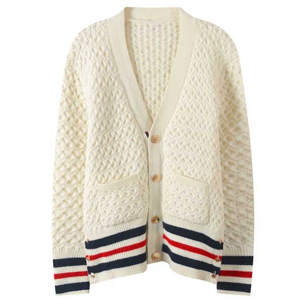 

Womens Designer V Neck Sweaters Fashion Panelled Cardigan with Single Breasted Female Casual Striped Apparel