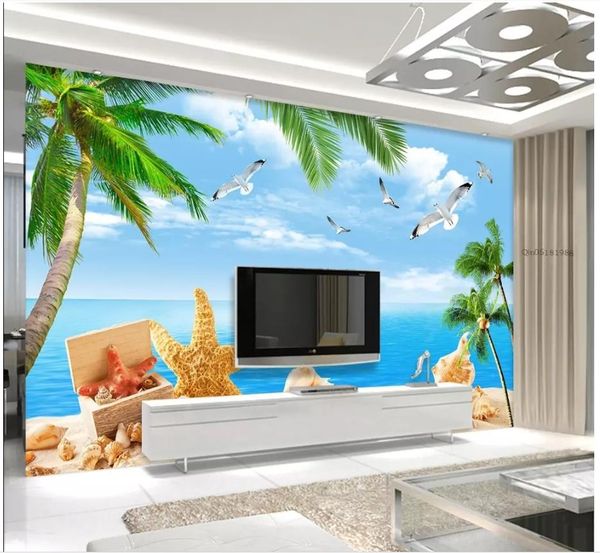 3d foto papel de parede personalizado 3d murais de parede papel de parede 3d mar praia coco starfish shell paisagem sofá tv fundo parede papel de parede