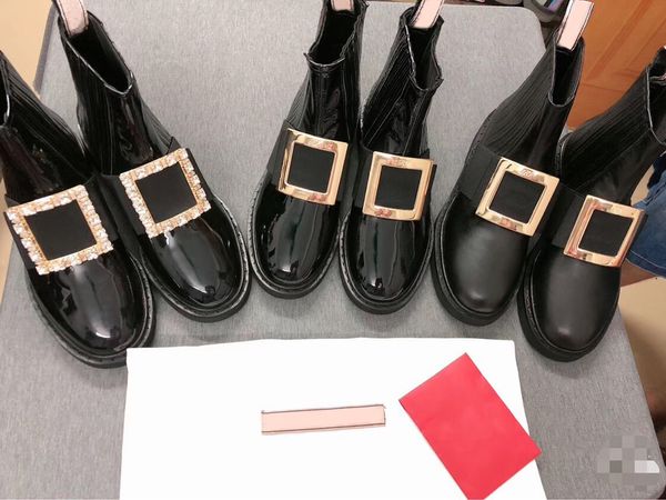 

new women leather ankle boots designer metal crystal buckle women boots black slip-on high flat boots luxury patent leather shoes v9