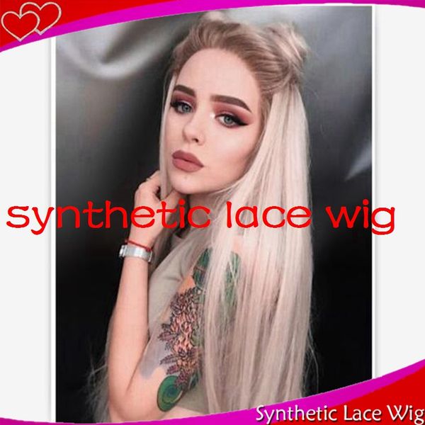 

short dark roots brown ombre blonde part hair synthetic front lace wig for woman, Black