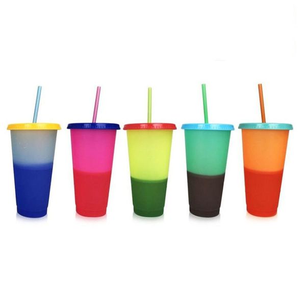 

24oz color changing cup magic plastic drinking tumblers with lid and straw candy colors reusable cold drinks cup magic coffee mug dhl