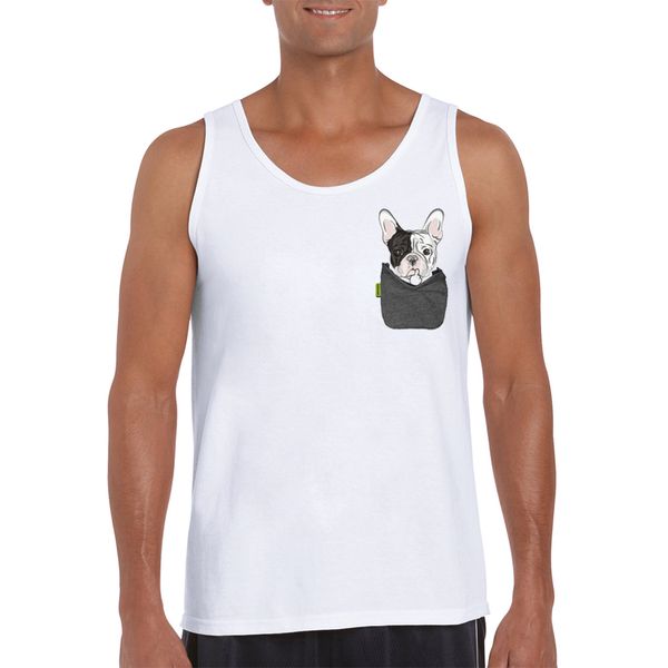 

fashion frenchie fu pocket printed men tank funny o-neck vest sleeveless casual men tee, White;black