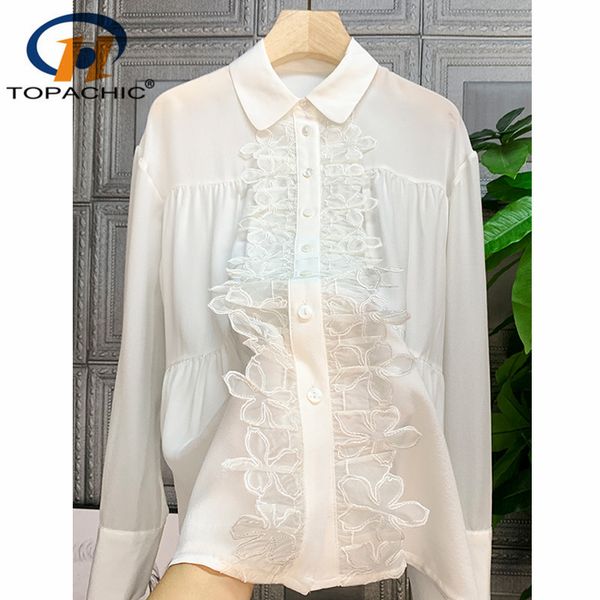 

1,11 2020 новая мода женщины 100% шелковая рубашка темперамент отложным воротником с длинным рукавом лоскутная вышивки fold solid блуза, White