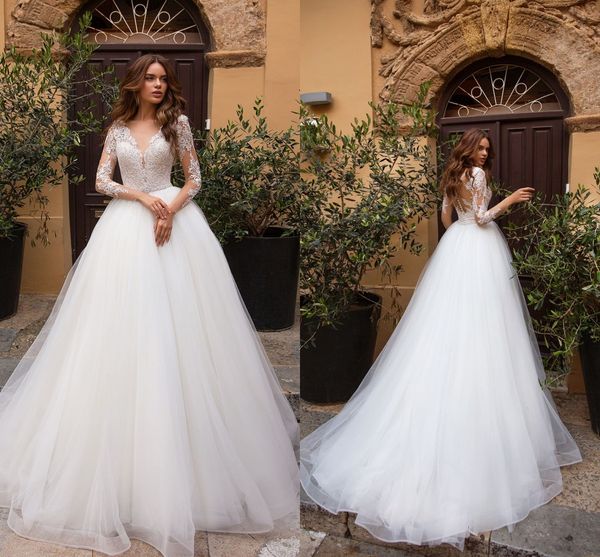 

simple lussanobridal wedding dresses 2019 v neck long sleeves lace bridal gown button back boho plus size wedding dress vestido de novia, White