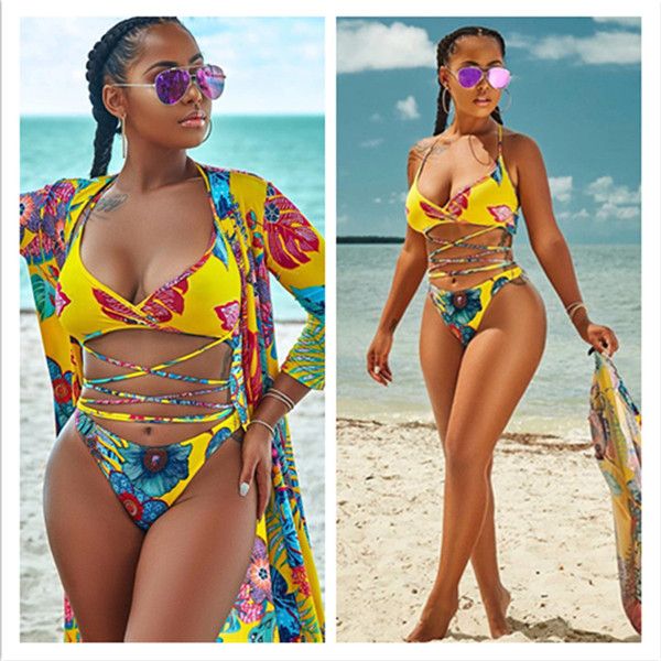 

summer three pieces womens swimwear floral print beach bikini ladies fashion high waist clothes, White;black
