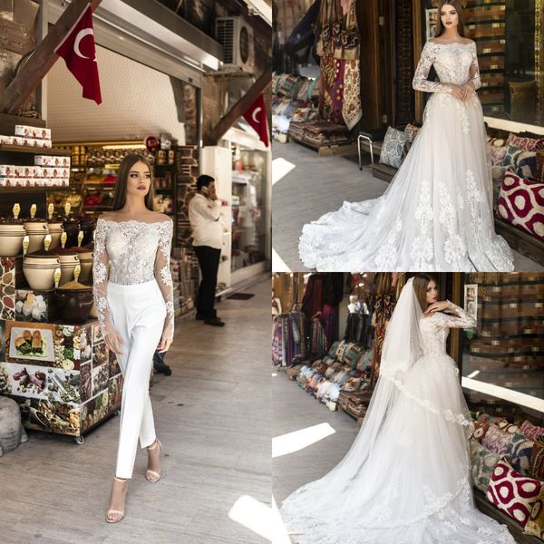 

chic wedding jumpsuit with detachable overskirts a line sweep train beach wedding dress lace appliqued long robes de marie, White
