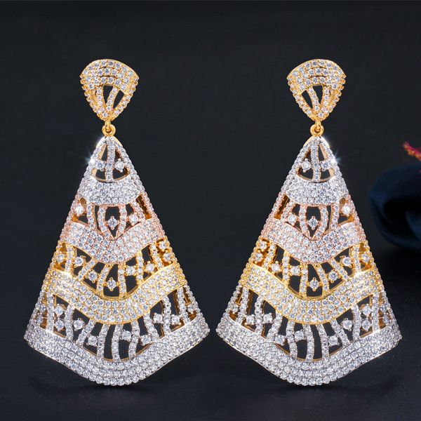 

fashion middle east exaggerated atmosphere electric fan golden tricolour with full cz drop earrings for women wedding and party, Silver