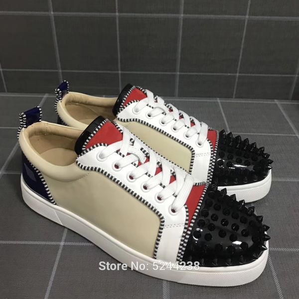 

low cut handmade beige color leather black rivets toe cap fashion party prom men loafers red bottom shoes leather casual loafers