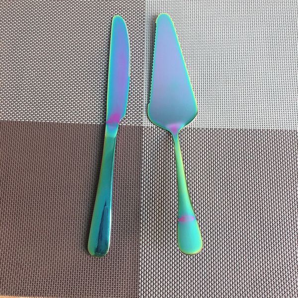 

dinnerware sets small rose gold wedding cake shovel knife set 9'' 23cm rainbow server transfer black cutlery silver dessert muffin