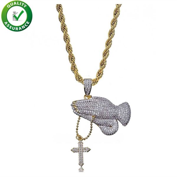 

hip hop jewelry designer necklace iced out pendant mens gold chain rapper christian cross praying hands pendants diamond cz luxury wedding, Silver