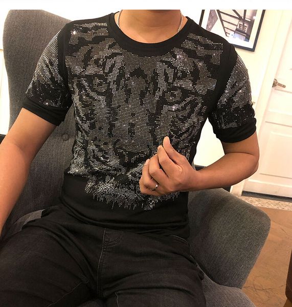 

o-neck fit design t-shirt slim t man diamonds shirt short-sleeved black hndix