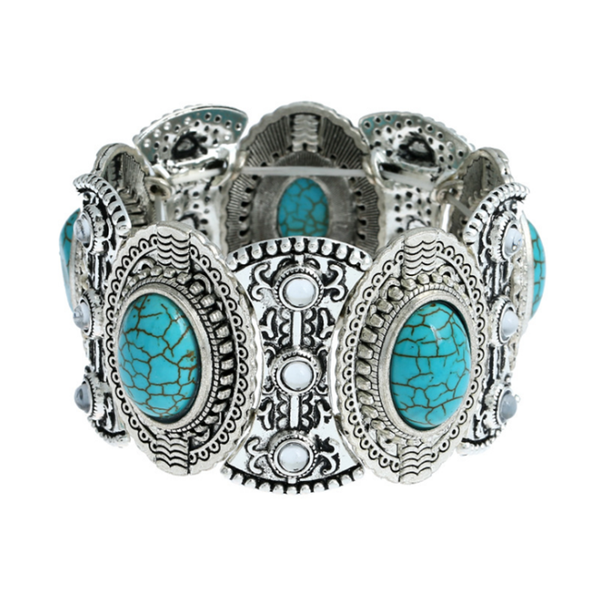 

bangle personalized silver plated alloy stackable oval shape green turquoises stone ethnic style jewelry, Black