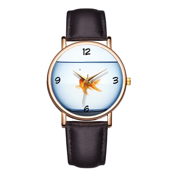 

fashion casual creative water cup goldfish simple dial luxury dress couple quartz watch, Slivery;brown