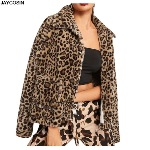 

jaycosin winter women faux fur longline coat leopard print notched collar manteau fourrure long sleeve jacket parka outerwear 02, Black