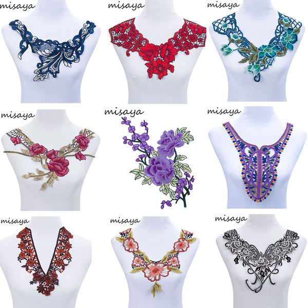 

misaya 1pc multicolors embroidered lace neckline collar diy handmade motif applique venise patches for fashion design sewing, Pink;blue