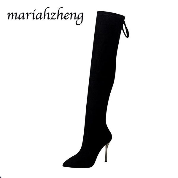 

mariahzheng 2020 long boots super high heel women's boots winter suede pointed slim pedicure over the knee ds, Black