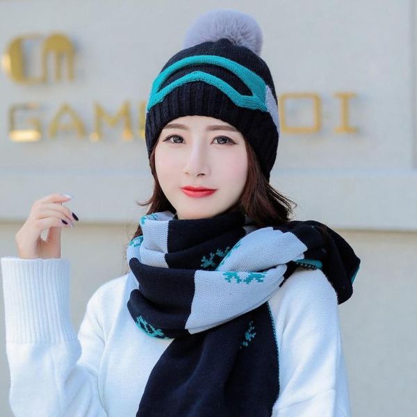 

women hats 2019 autumn winter fashion warm hat scarf set knitting two pieces women gorros casual cap scarf chapeu feminino bonet, Blue;gray