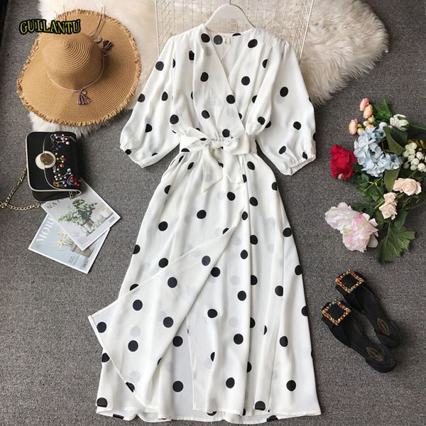 

casual dresses summer polka dot print beach robe longue dress women thigh slit see through bandage maxi white bohemia evening party, Black;gray