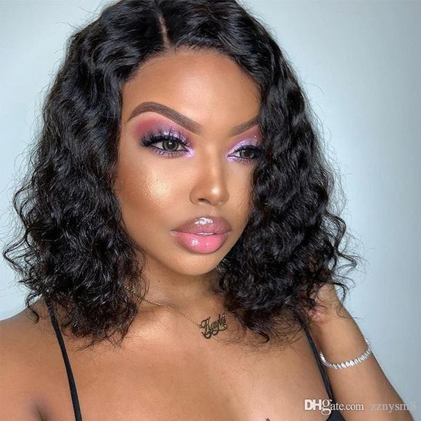 

короткие парики человеческих волос для женщин бразильского волнистого боба фронта шнурок pre сорванных с ребенком вьющихся волос remy черног, Black