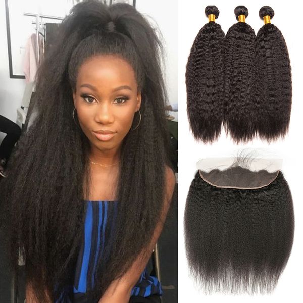 

человек пучки волос с фронтальным 13x4 фронтальных пачек бразильского kinky прямыми волосами 3 связкой с фронтальным remy выдвижения волос b, Black;brown
