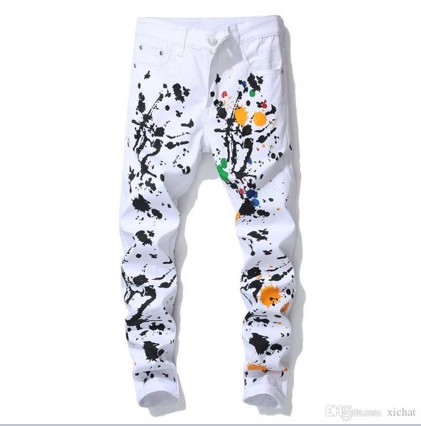 

wholesale luxury fashion painting white jeans 2018 new designer men jeans famous brand slim fit mens printed jeans biker denim pants 903, Blue