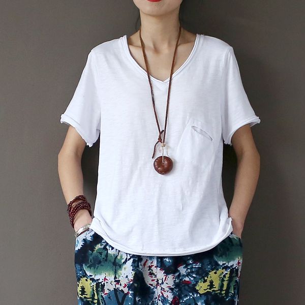 

summer cotton white shirts short sleeve v-neck pocket female soft t-shirt, Red