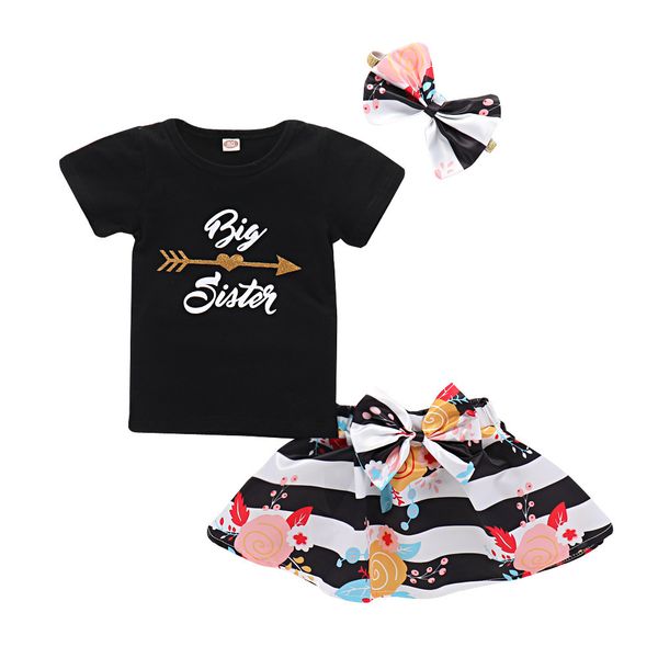 

summer 3pcs clothes baby kids girls clothes set big sister t-shirt+floral striped tutu skirts+headband, White