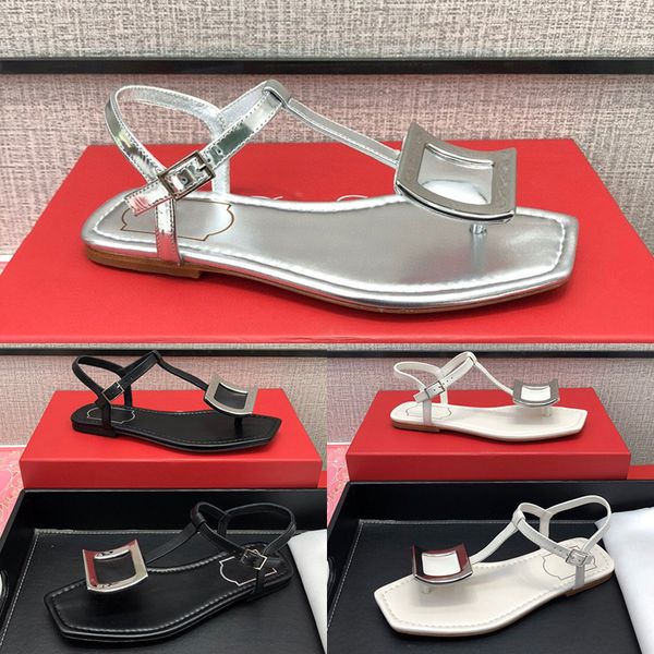 

designer womens sandals luxury black silver square head metal square buckle flat shoes summer fashion with box size 35-40