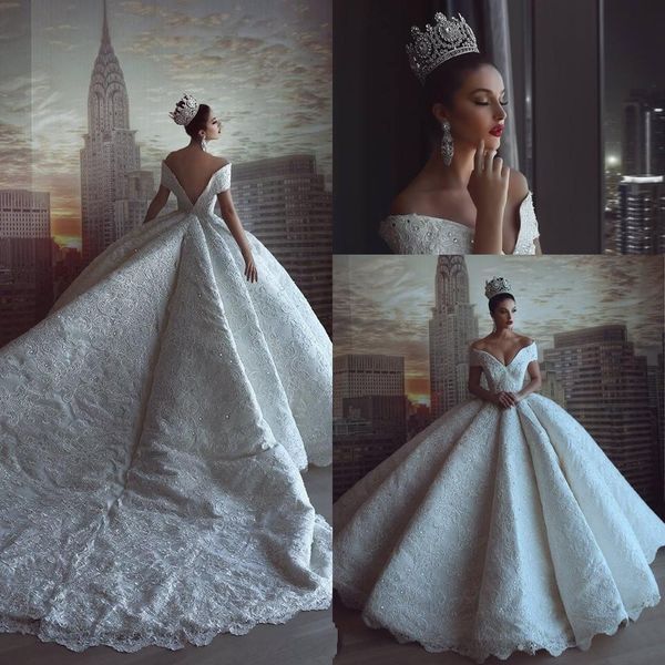 

2018 luxury arabic ball gown wedding dre e off houlder full lace cry tal beaded open back chapel train puffy plu ize bridal gown