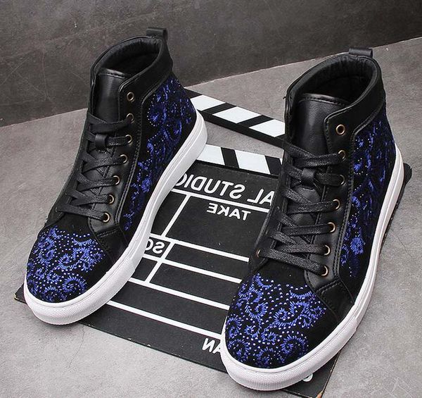 

men new high- rhinestone embroider casual flats shoes loafers male crystal prom shoes tenis masculino, Black
