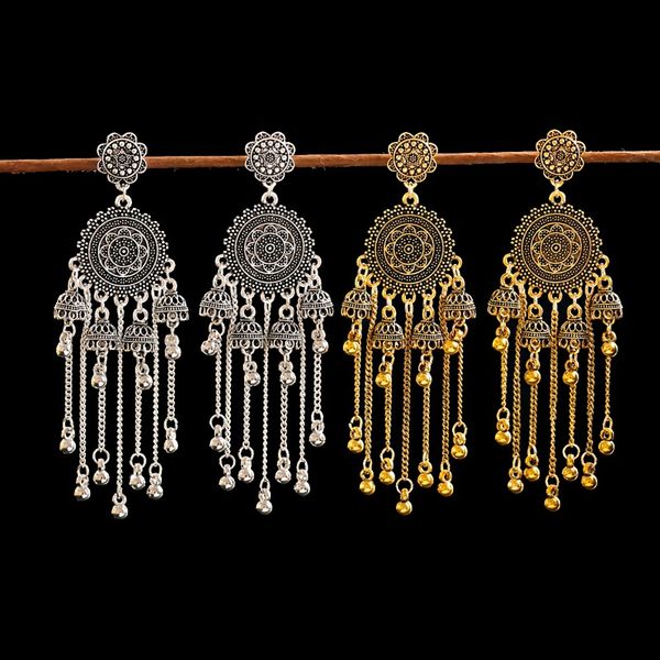 

vintage jhumka jhumki boho ethnic gold sliver alloy flower carved long chain tassel hanging earrings for women oorbellen, Silver
