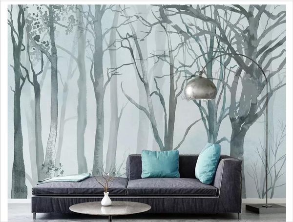 

customized 3d large-scale p mural wallpaper nordic minimalistic abstract watercolor blue dreamy woods wallpaper tv sofa background wall