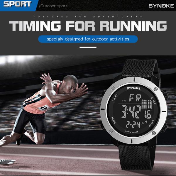 

synoke multi-function 50m waterproof watch led digital double action watch electronic digital fashion gif men's watc, Slivery;brown