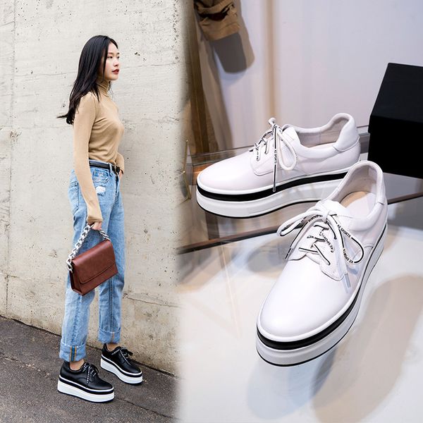 

inside and pure leather 2019 spring new style lettered shoe lace loafers women's genuine leather platform shoes white mixed colo, Black