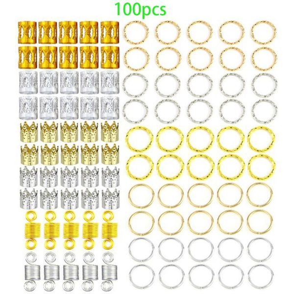 

100pcs aluminum hollow out hair coil dreadlocks braiding rings metal cuffs bead crown spiral jewelry hair decorative accessories, White;golden