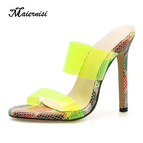 

maiernisi new leopard grain summer slippers pvc transparent thin heels shoes women new slides high heels sandals shoes, Black