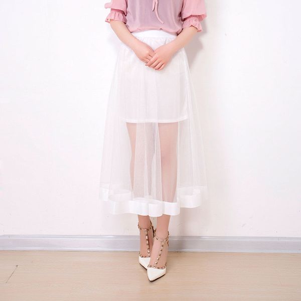 

2019 new spring and summer women's summer new mesh perspective skirt slim a-line lace mid-calf natural, Black